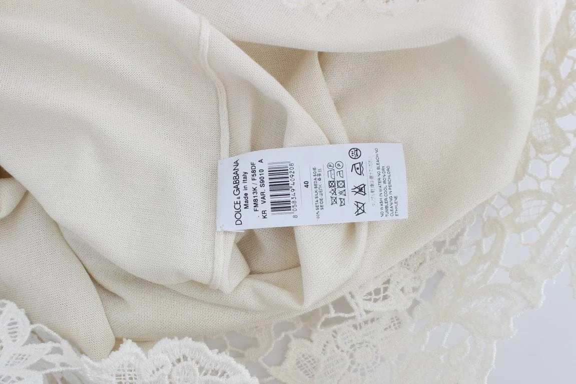 White Silk Ricamo Crewneck Top