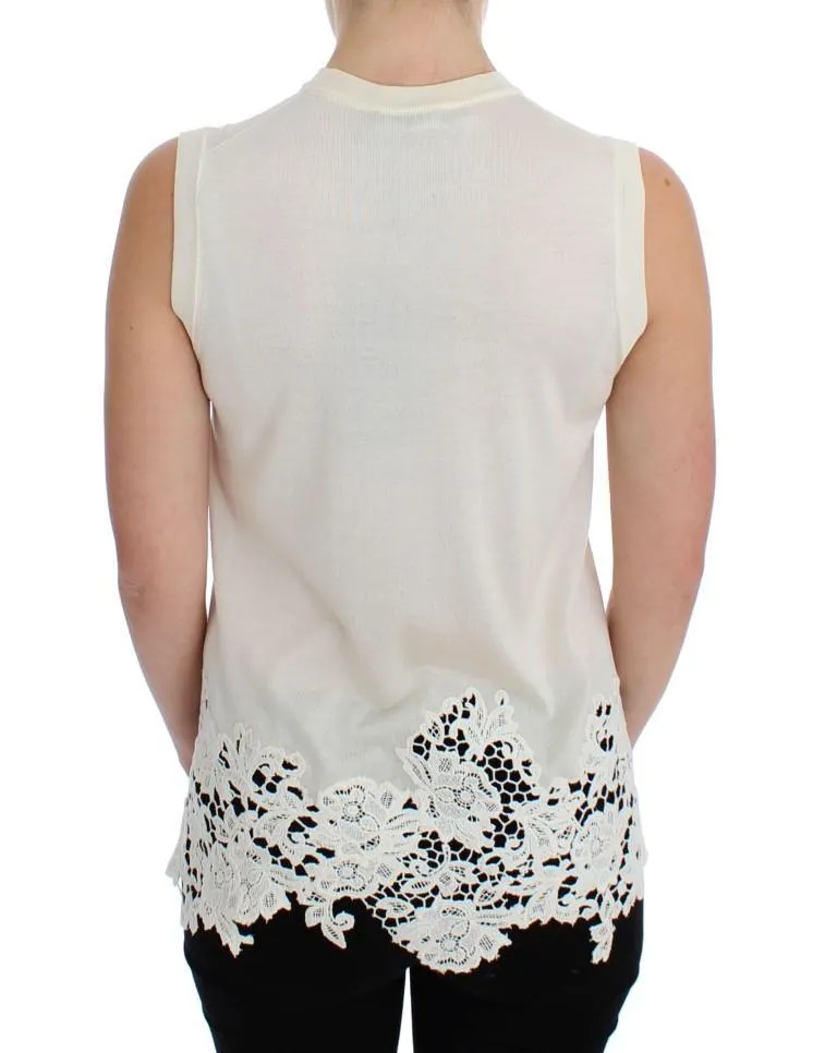 White Silk Ricamo Crewneck Top