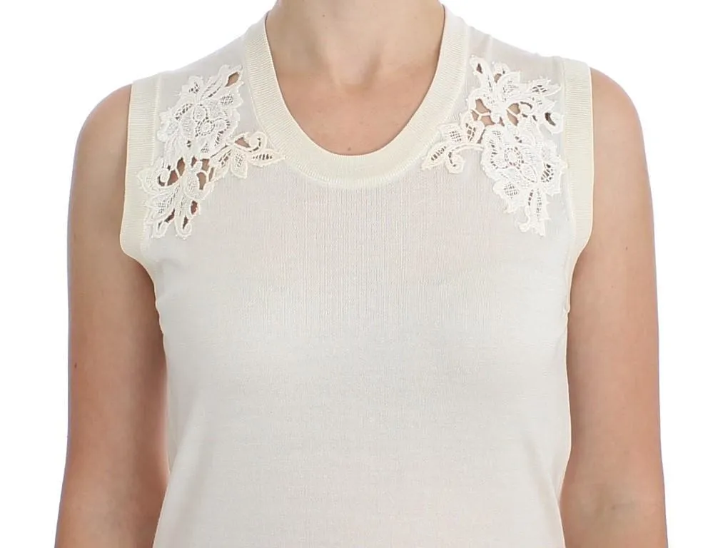 White Silk Ricamo Crewneck Top