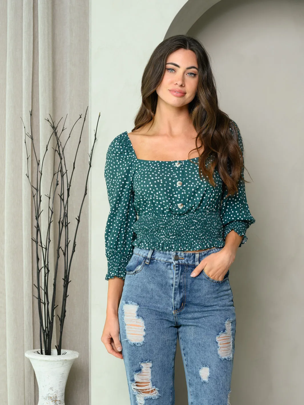 WOMEN'S 3/4 PUFF SLEEVE PRINT SMOCK WAIST TOP