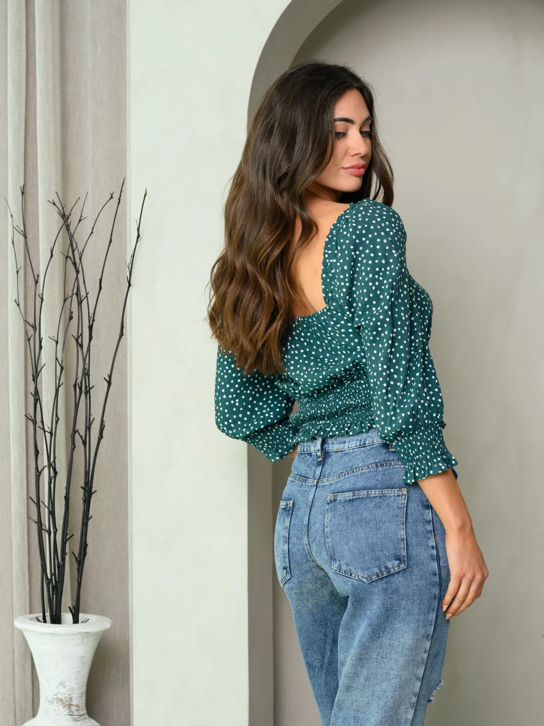 WOMEN'S 3/4 PUFF SLEEVE PRINT SMOCK WAIST TOP