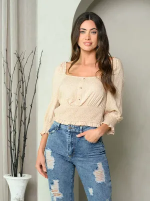 WOMEN'S 3/4 PUFF SLEEVE PRINT SMOCK WAIST TOP