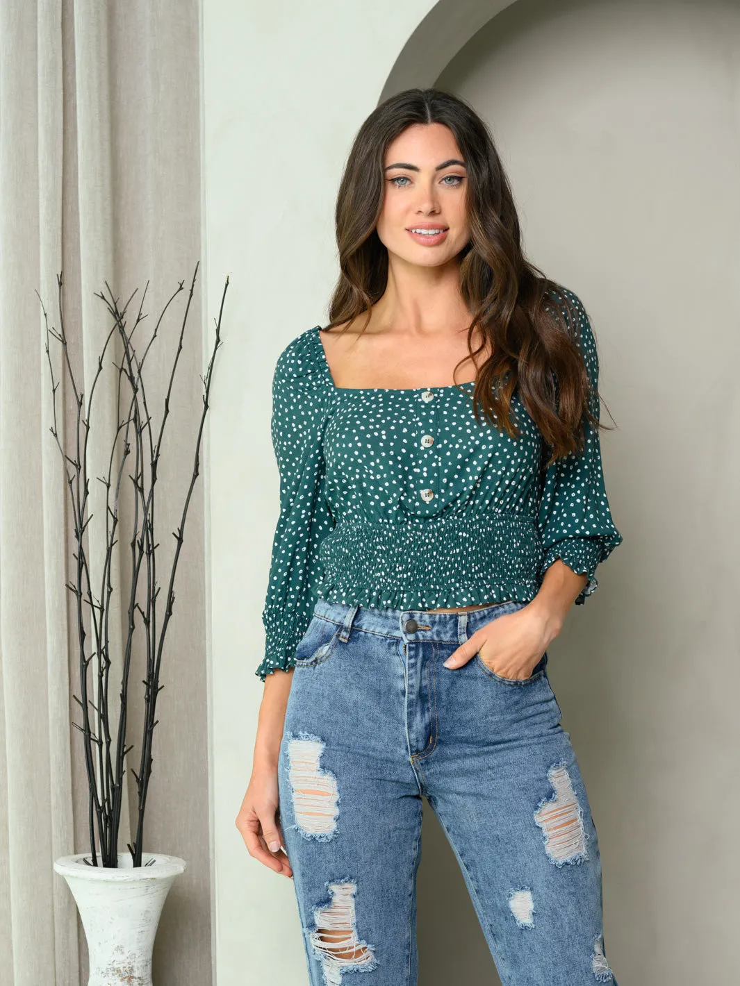 WOMEN'S 3/4 PUFF SLEEVE PRINT SMOCK WAIST TOP
