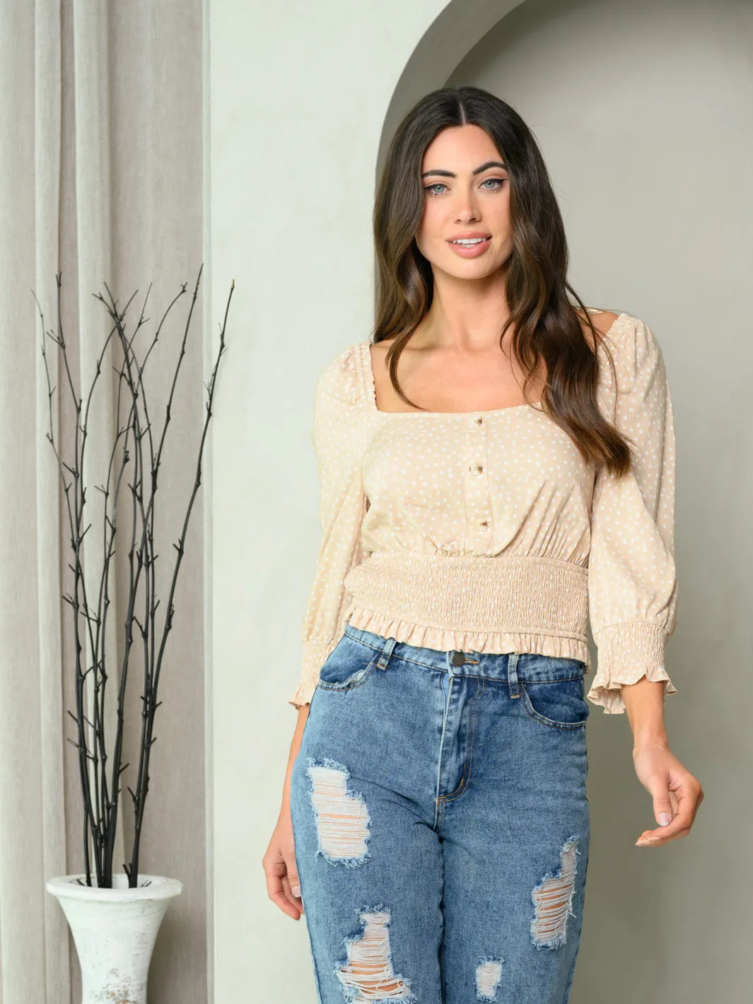 WOMEN'S 3/4 PUFF SLEEVE PRINT SMOCK WAIST TOP