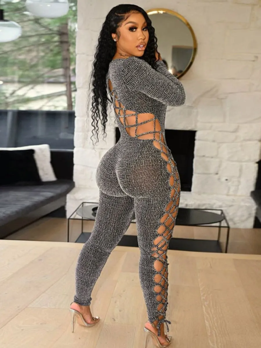 Women's Bandage Hollow-out Design Jumpsuit