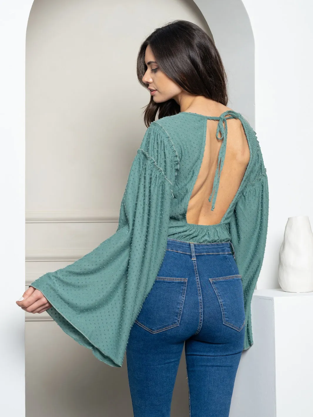 WOMEN'S BELL LONG SLEEVE SWISS DOT OPEN BACK  BODYSUIT