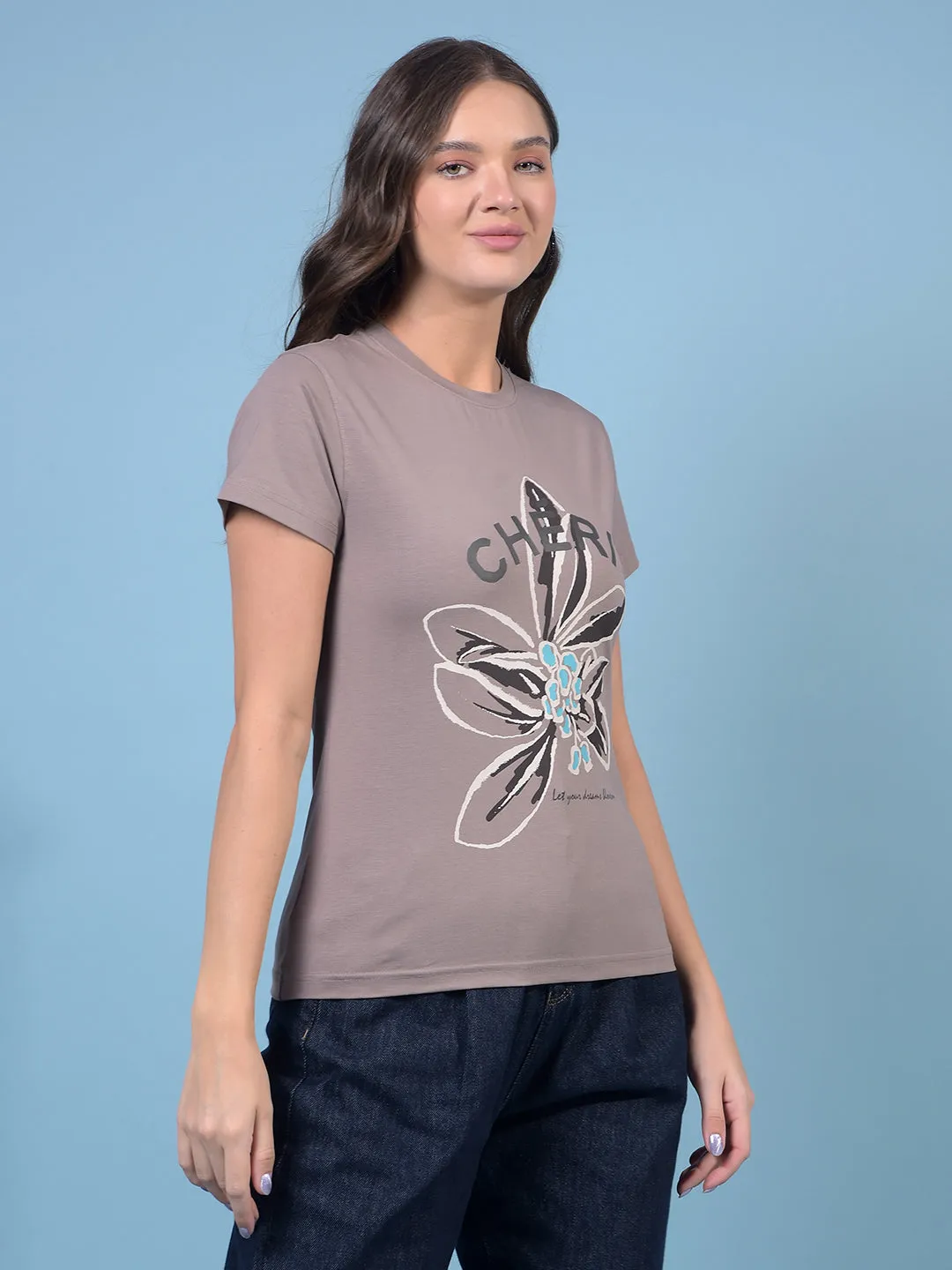 Women's Brown Graphic Print T-Shirt