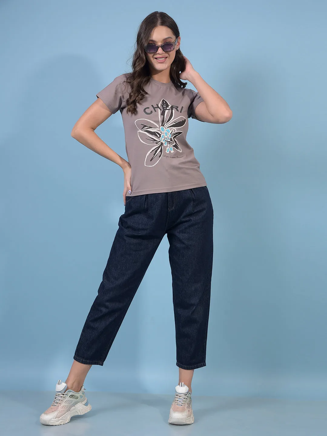 Women's Brown Graphic Print T-Shirt