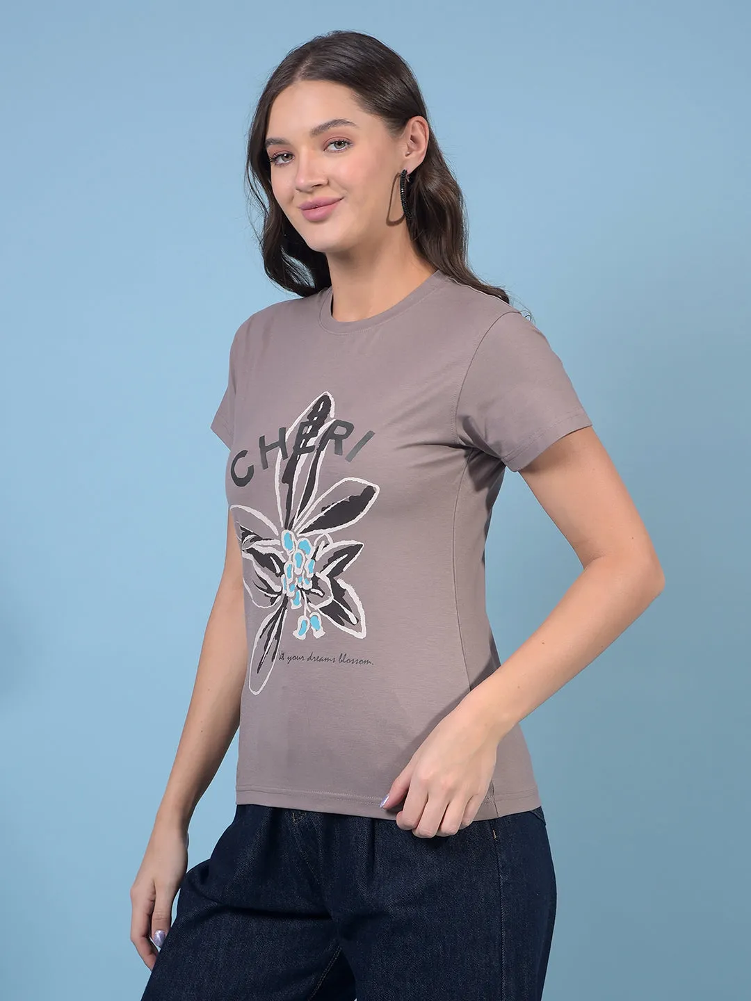 Women's Brown Graphic Print T-Shirt