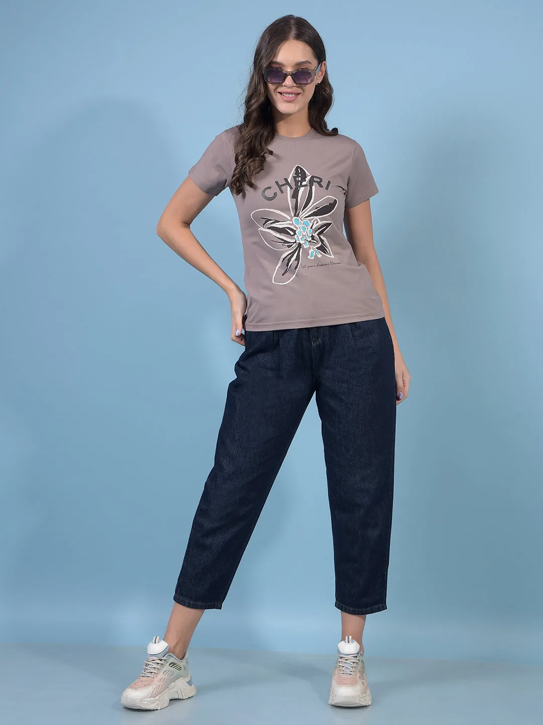 Women's Brown Graphic Print T-Shirt