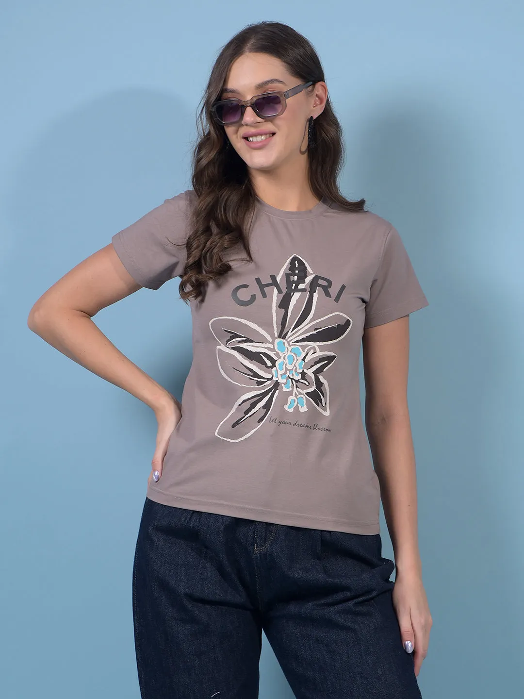 Women's Brown Graphic Print T-Shirt