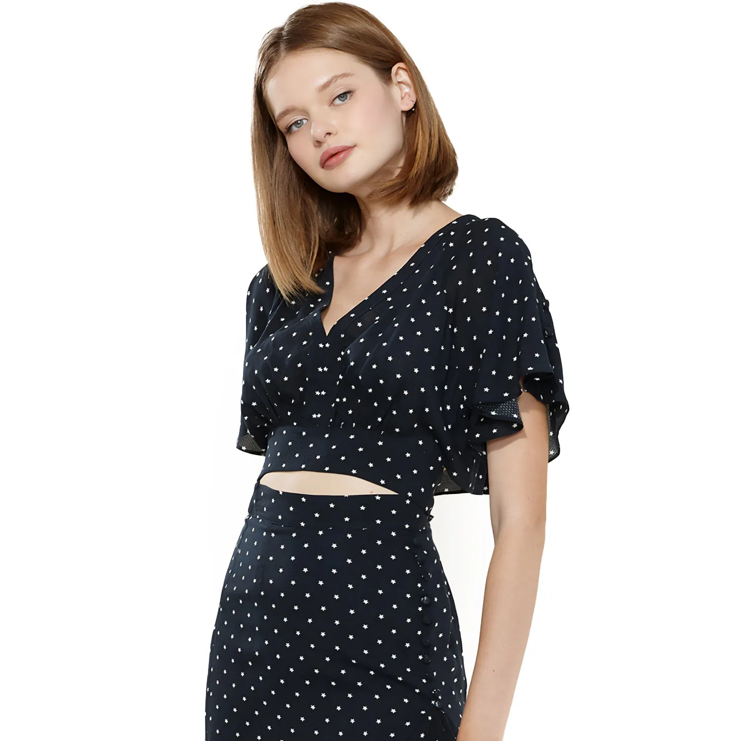 Women's Cape Sleeve V-Neck Crop Blouse In Navy
