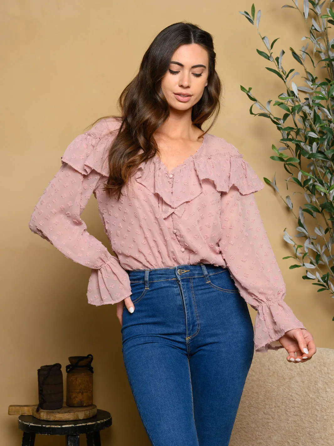 WOMEN'S LONG BELL SLEEVE RUFFLE SWIIS DOT BODYSUIT