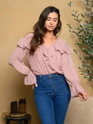 WOMEN'S LONG BELL SLEEVE RUFFLE SWIIS DOT BODYSUIT
