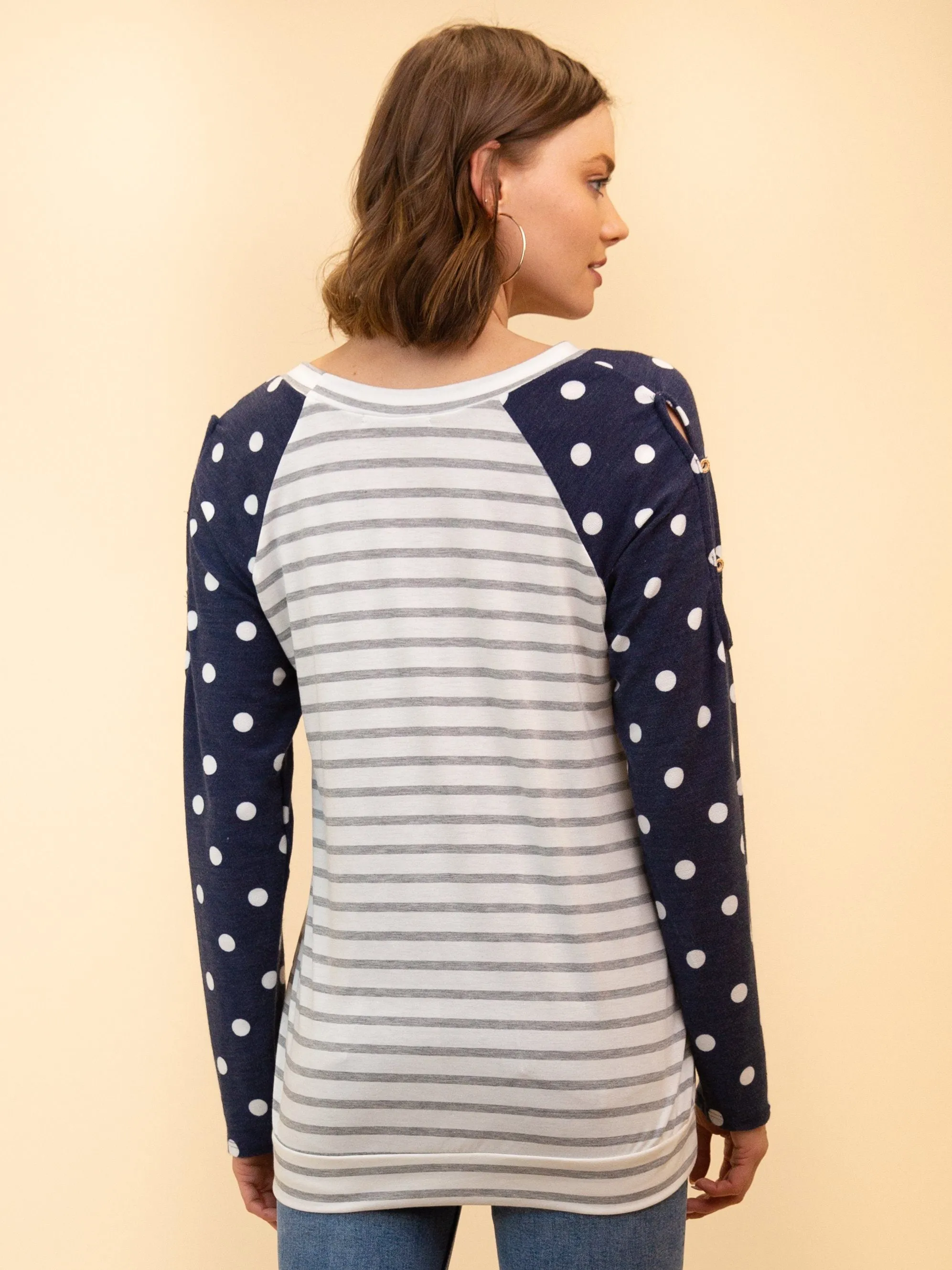 WOMEN'S LONG SLEEVE STRIPE & POLKA DOT TOP