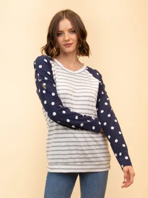 WOMEN'S LONG SLEEVE STRIPE & POLKA DOT TOP