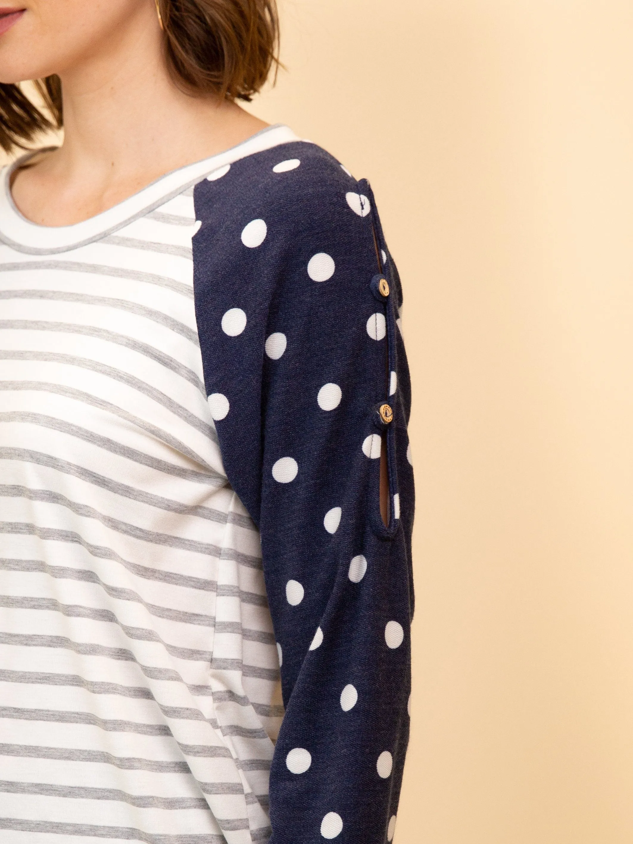 WOMEN'S LONG SLEEVE STRIPE & POLKA DOT TOP