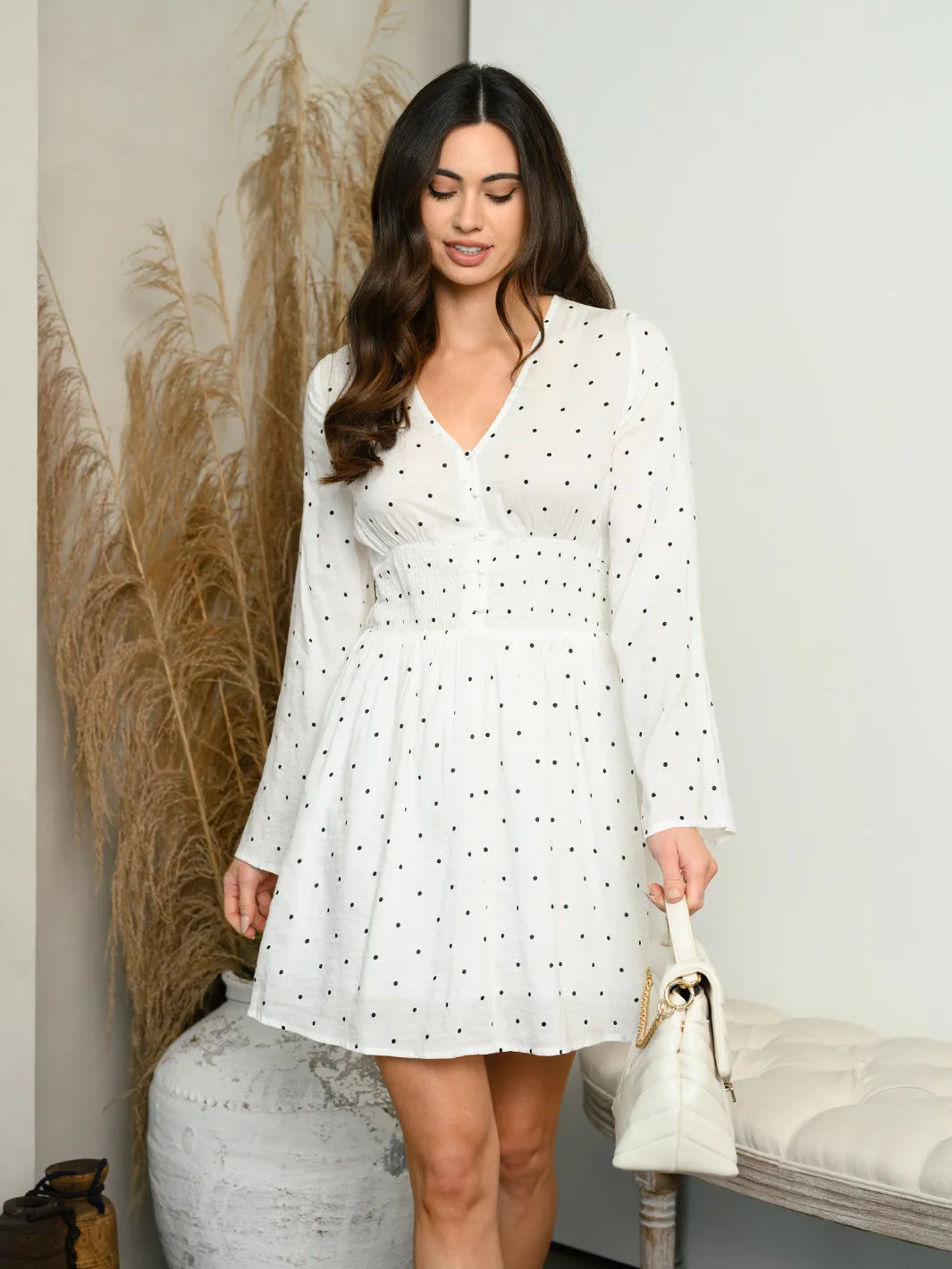 WOMEN'S LONG SLEEVE V-NECK MINI DRESS