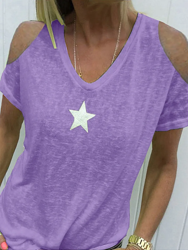 Women's loose-shoulder short-sleeved T-shirt with pentagram print