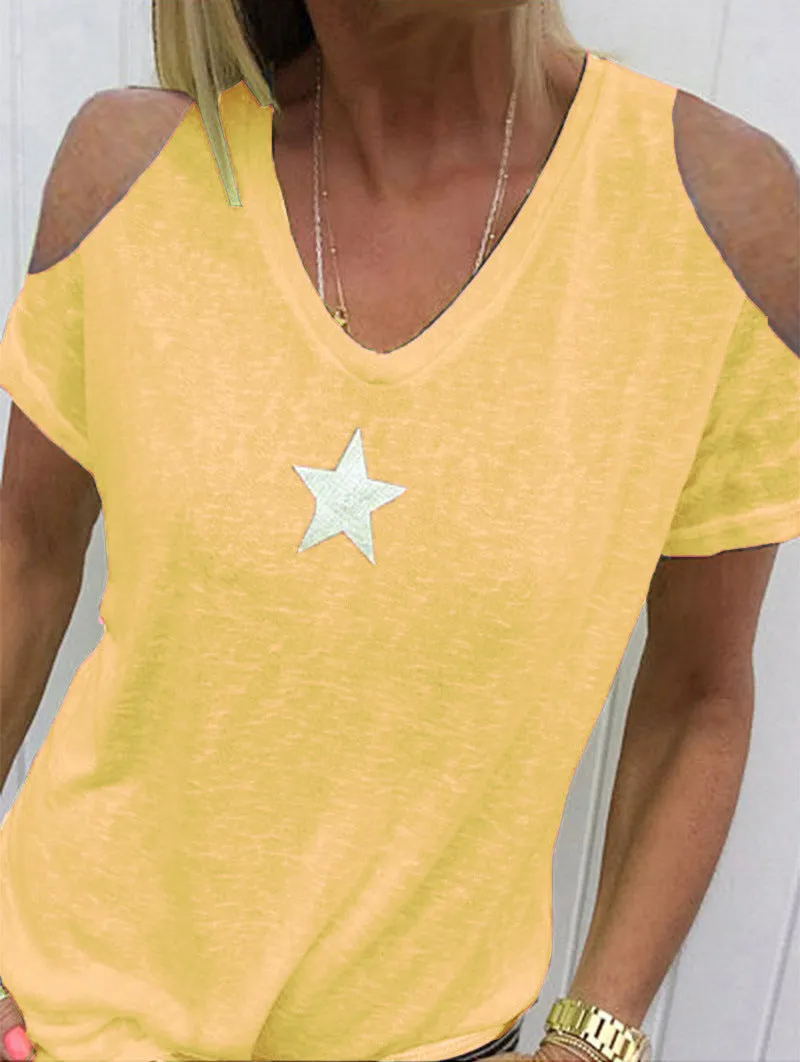 Women's loose-shoulder short-sleeved T-shirt with pentagram print