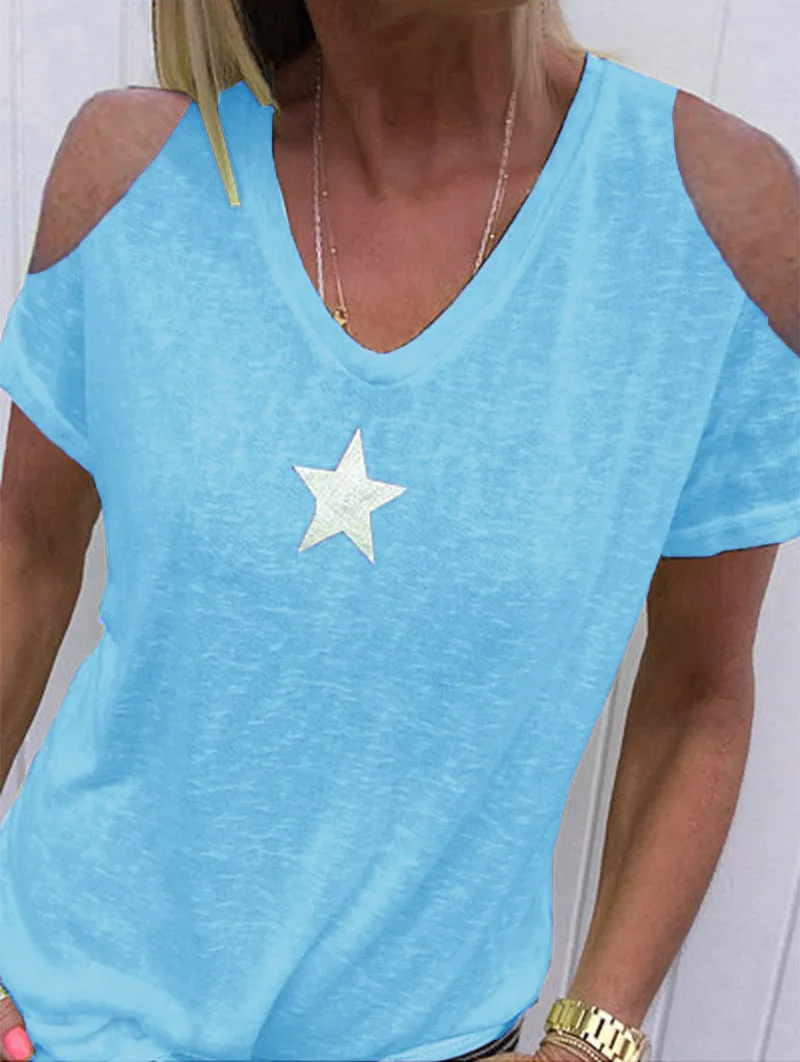 Women's loose-shoulder short-sleeved T-shirt with pentagram print