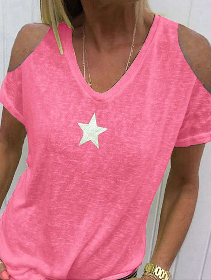 Women's loose-shoulder short-sleeved T-shirt with pentagram print
