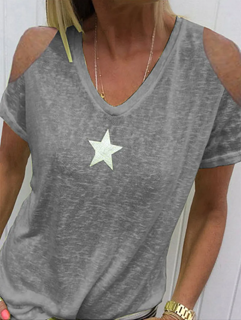 Women's loose-shoulder short-sleeved T-shirt with pentagram print