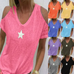 Women's loose-shoulder short-sleeved T-shirt with pentagram print