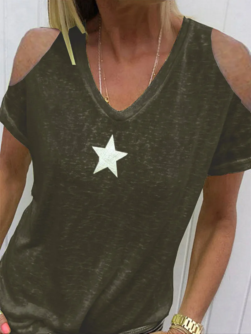 Women's loose-shoulder short-sleeved T-shirt with pentagram print