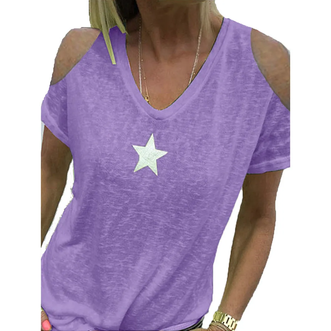 Women's loose-shoulder short-sleeved T-shirt with pentagram print