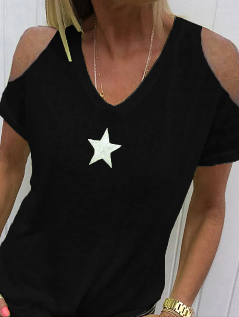 Women's loose-shoulder short-sleeved T-shirt with pentagram print