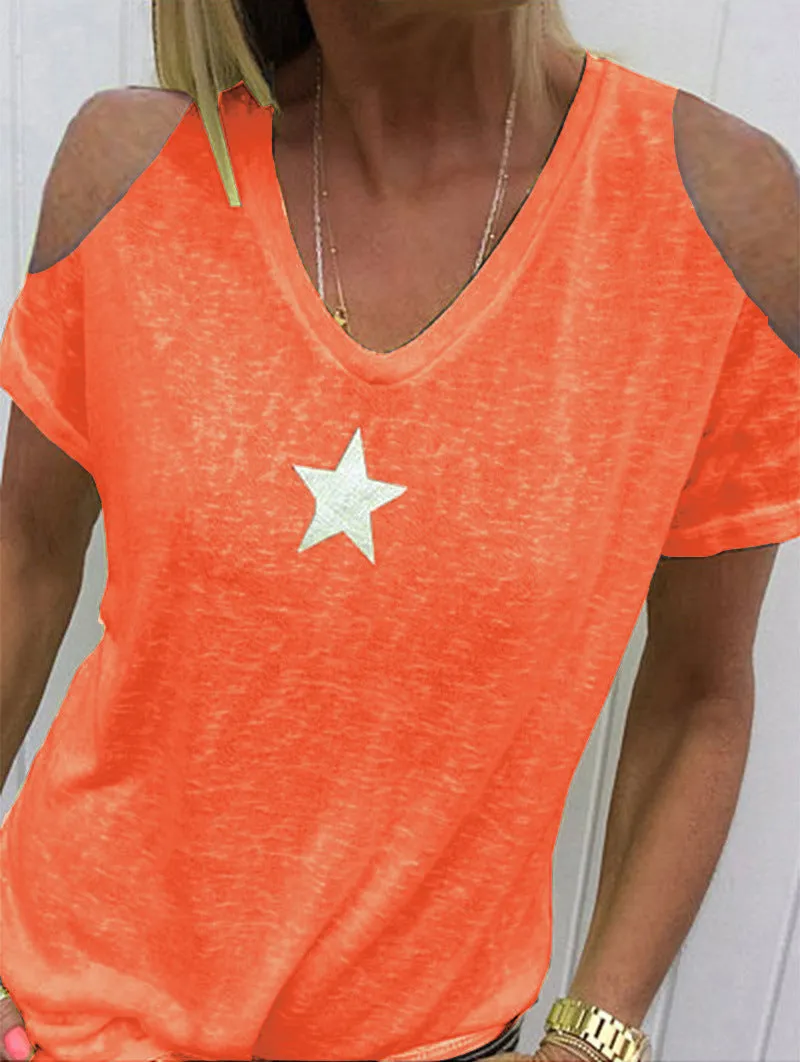 Women's loose-shoulder short-sleeved T-shirt with pentagram print