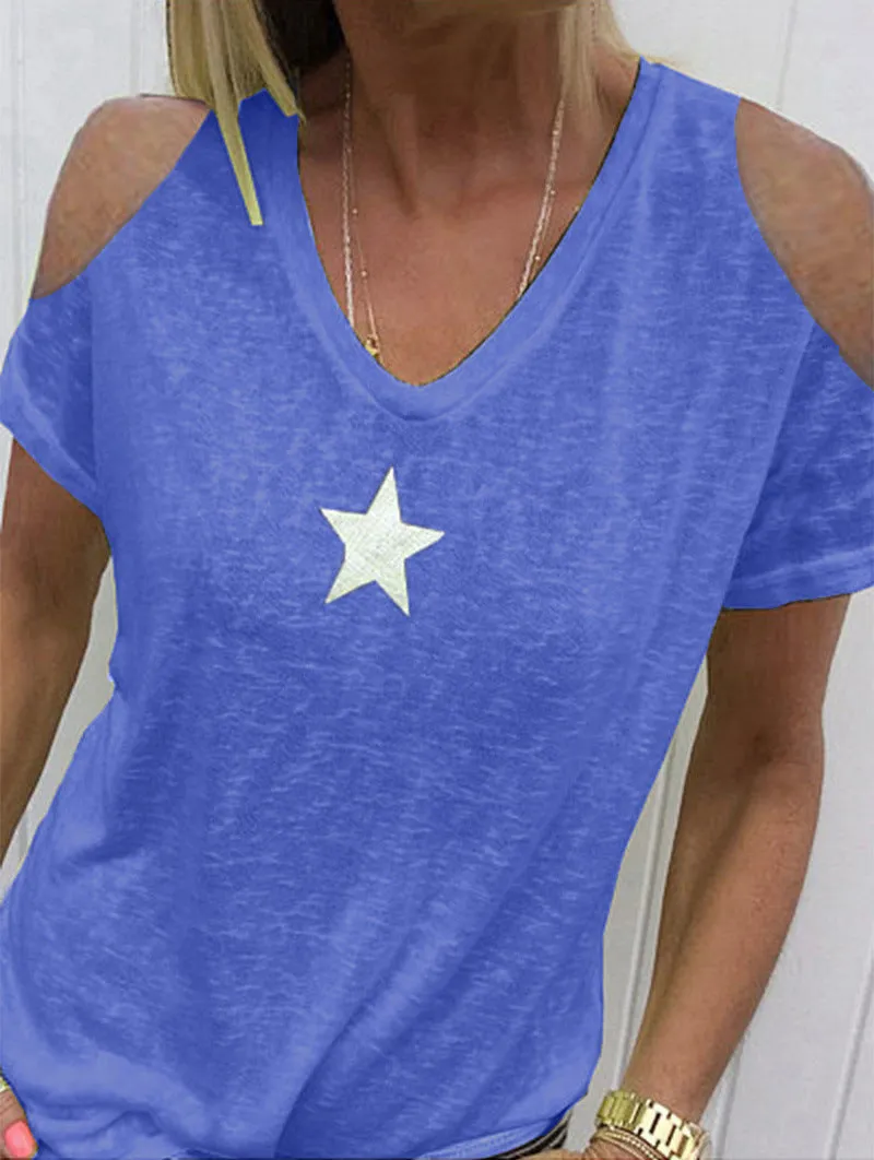 Women's loose-shoulder short-sleeved T-shirt with pentagram print