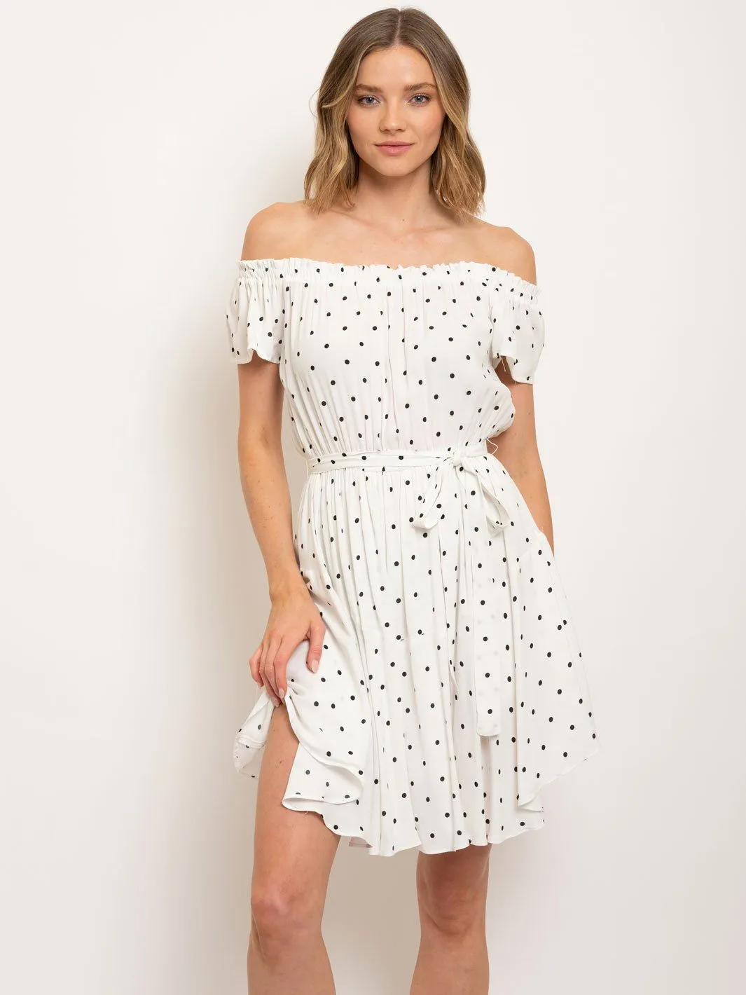 WOMEN'S OFF SHOULDER POLKA DOTS MINI DRESS