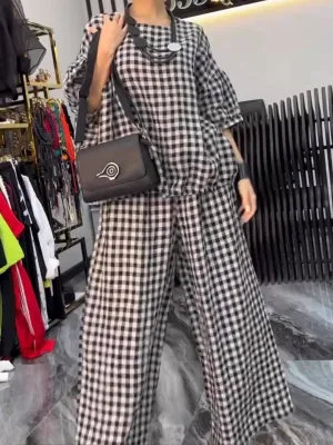 Women's Plaid Round Neck 3/4 Sleeve Loose Tops Casual Pocket Wide Leg Pants Set