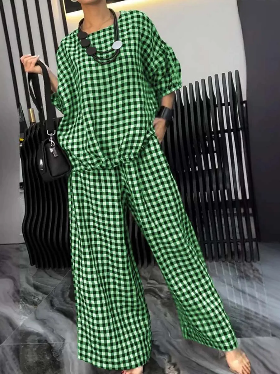 Women's Plaid Round Neck 3/4 Sleeve Loose Tops Casual Pocket Wide Leg Pants Set
