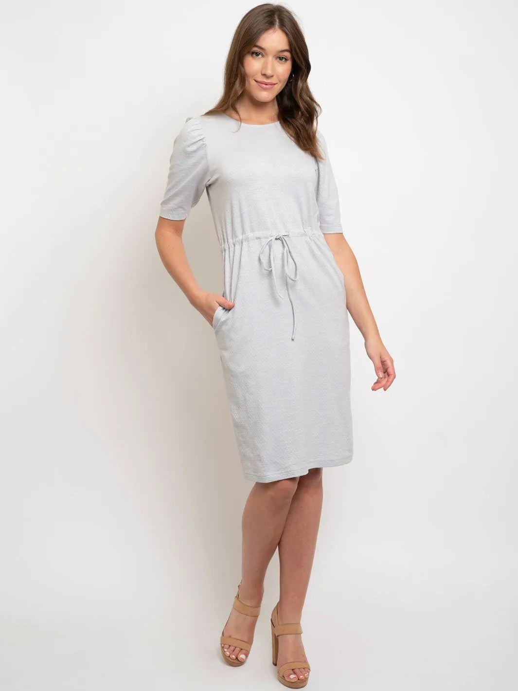 WOMEN'S POLKA DOT PATTERNED PUFF SLEVE SELF TIE DRESS