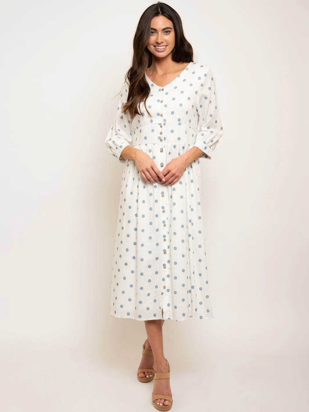 WOMEN'S POLKA DOTS 3/4 SLEEVES MIDI DRESS