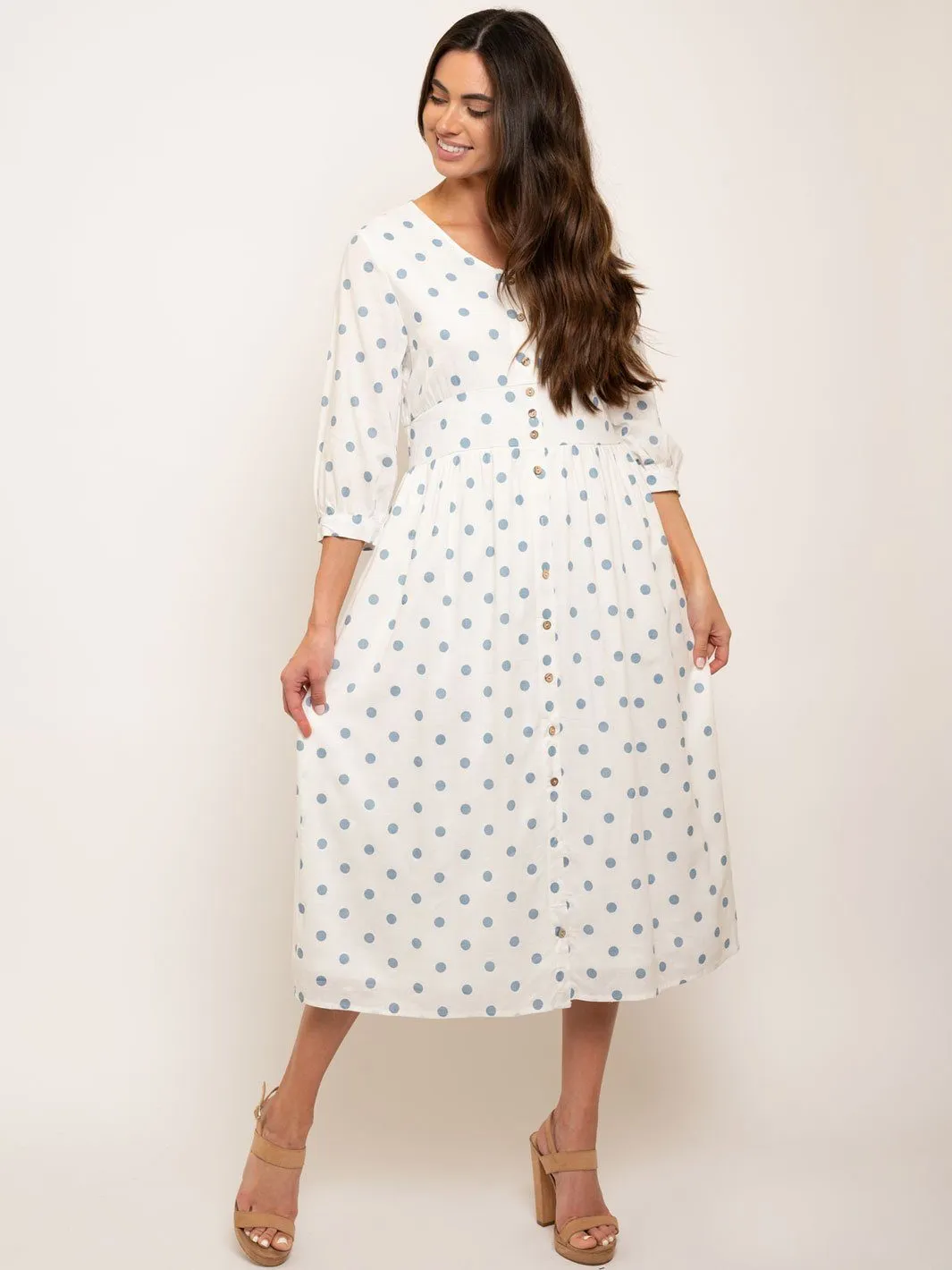 WOMEN'S POLKA DOTS 3/4 SLEEVES MIDI DRESS