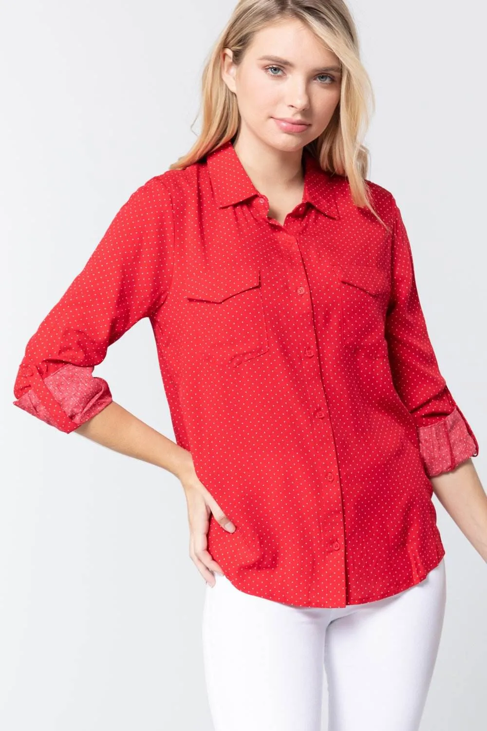 Womens Roll Up Slv Dot Print Shirt