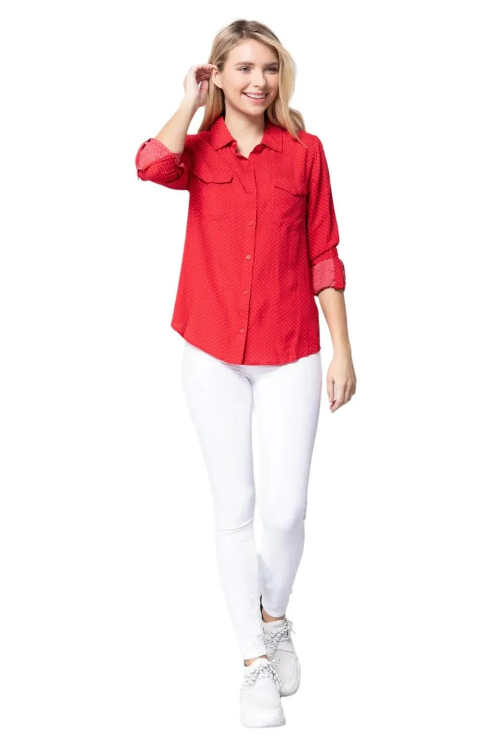 Womens Roll Up Slv Dot Print Shirt