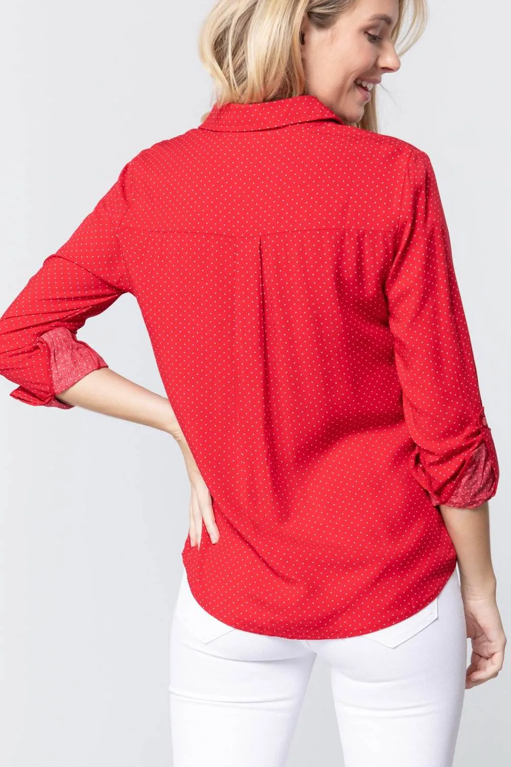Womens Roll Up Slv Dot Print Shirt