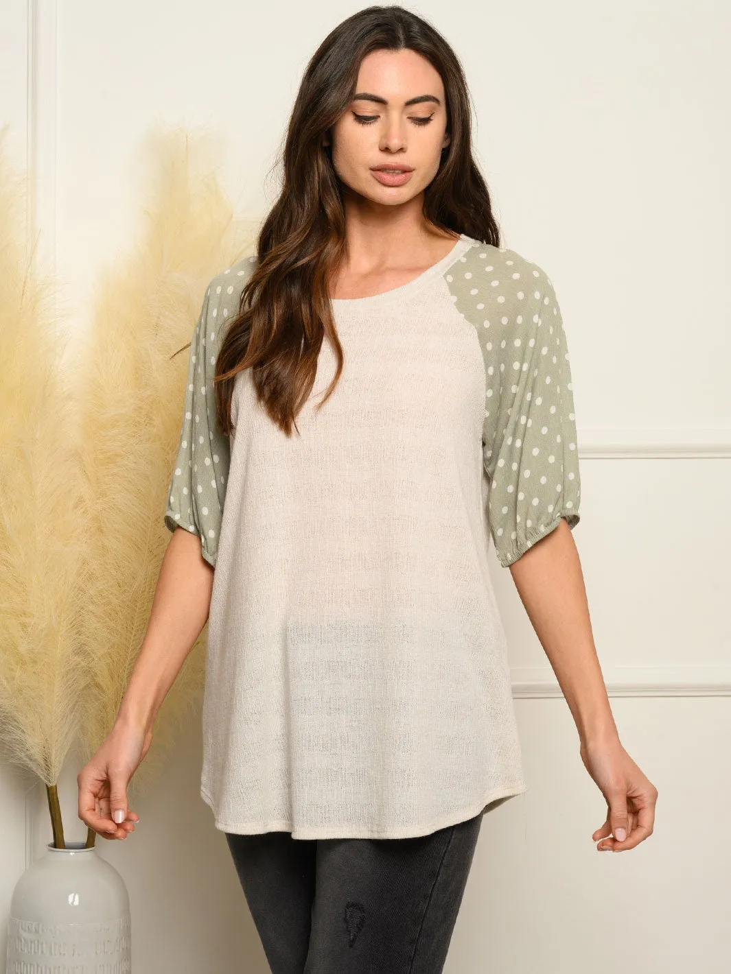 WOMEN'S SHORT POLKA DOT SLEEVE TUNIC TOP