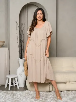 WOMEN'S SHORT SLEEVE RUFFLE SWISS DOT MAXI DRESS