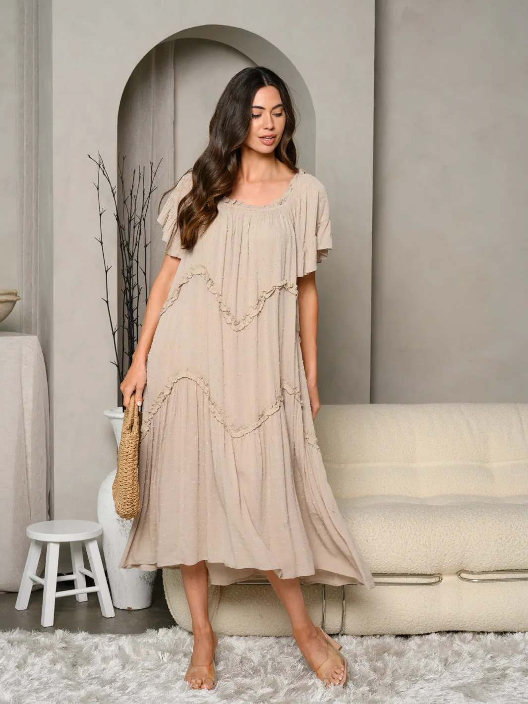 WOMEN'S SHORT SLEEVE RUFFLE SWISS DOT MAXI DRESS