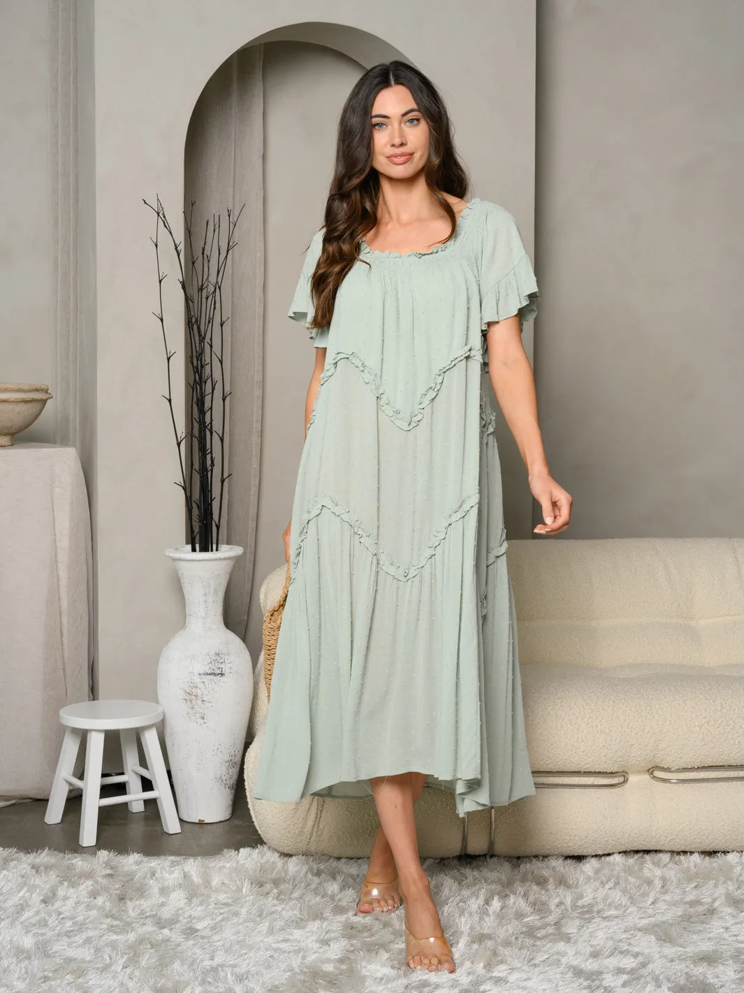 WOMEN'S SHORT SLEEVE RUFFLE SWISS DOT MAXI DRESS