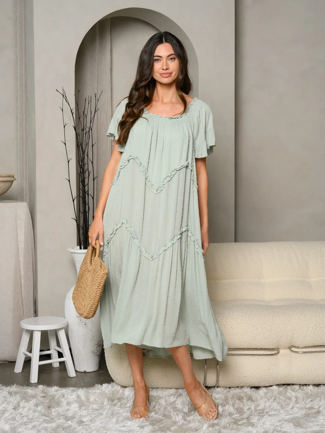 WOMEN'S SHORT SLEEVE RUFFLE SWISS DOT MAXI DRESS