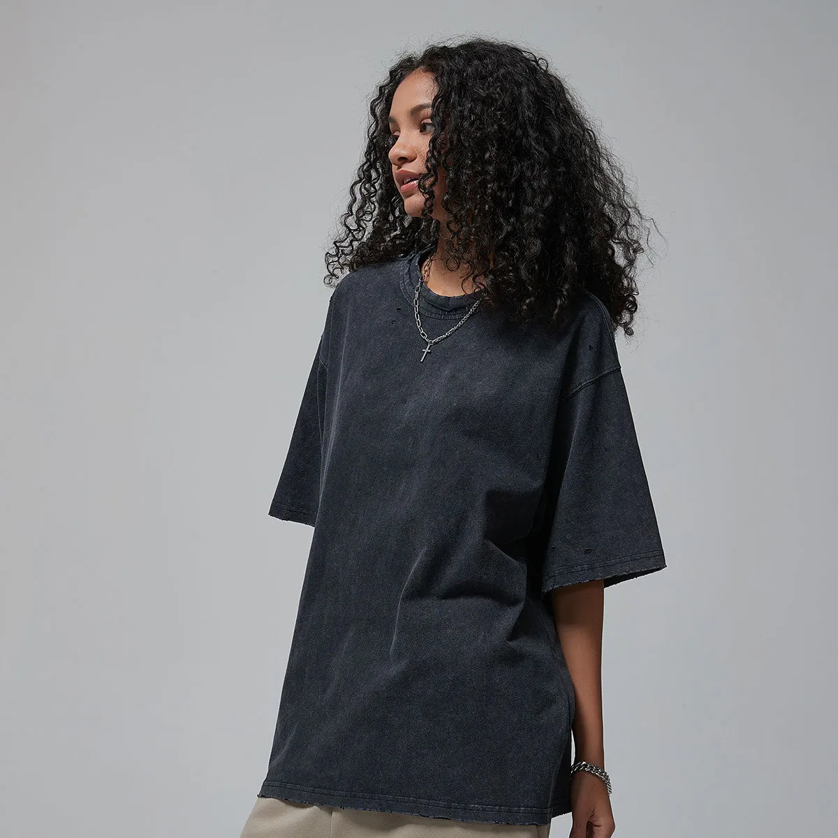 Women's Stone Wash Faded Distressed Tee 250gsm