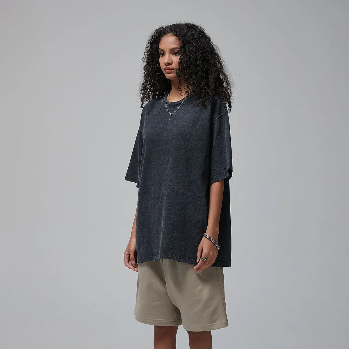 Women's Stone Wash Faded Distressed Tee 250gsm