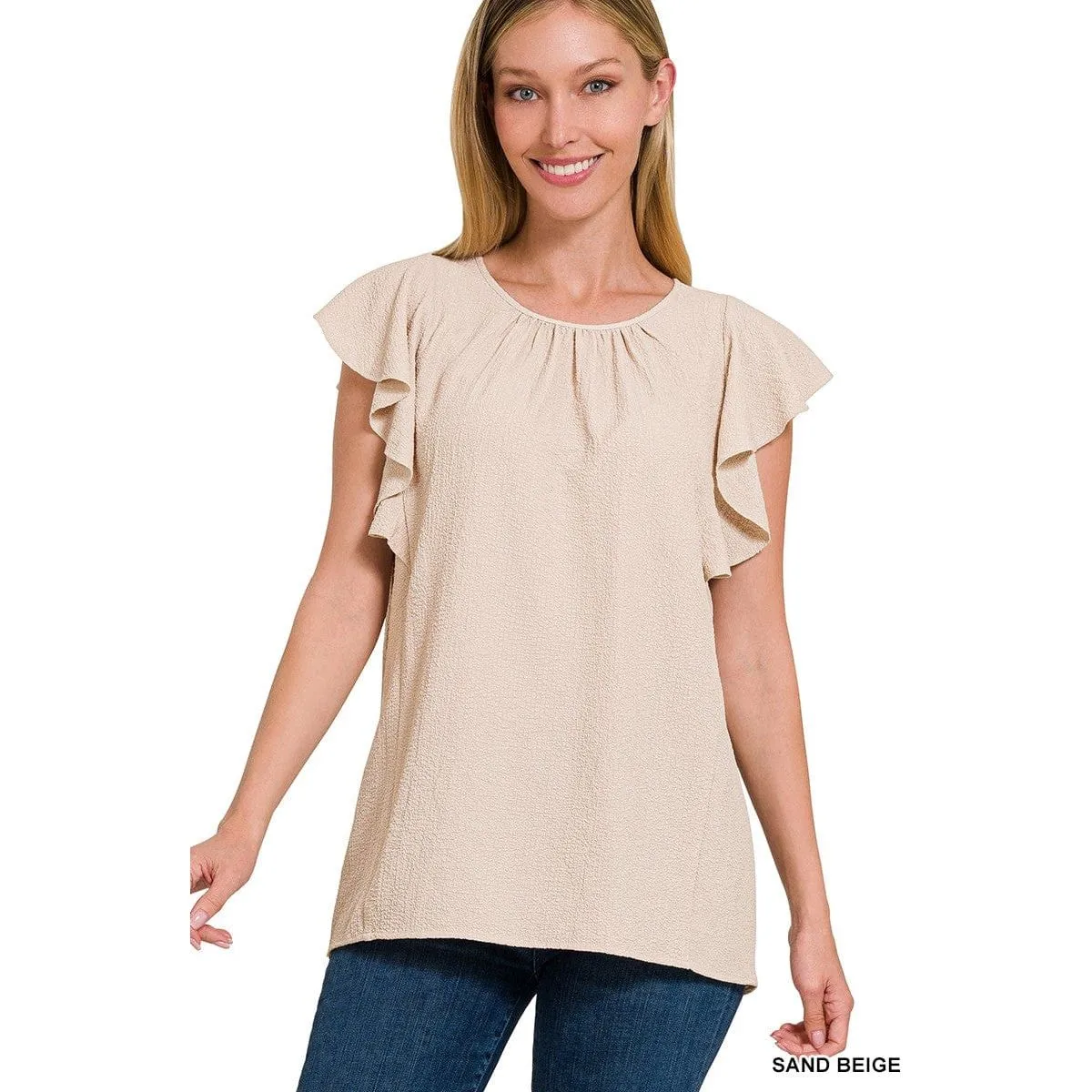 Woven Bubble Airflow Flutter Sleeve Top